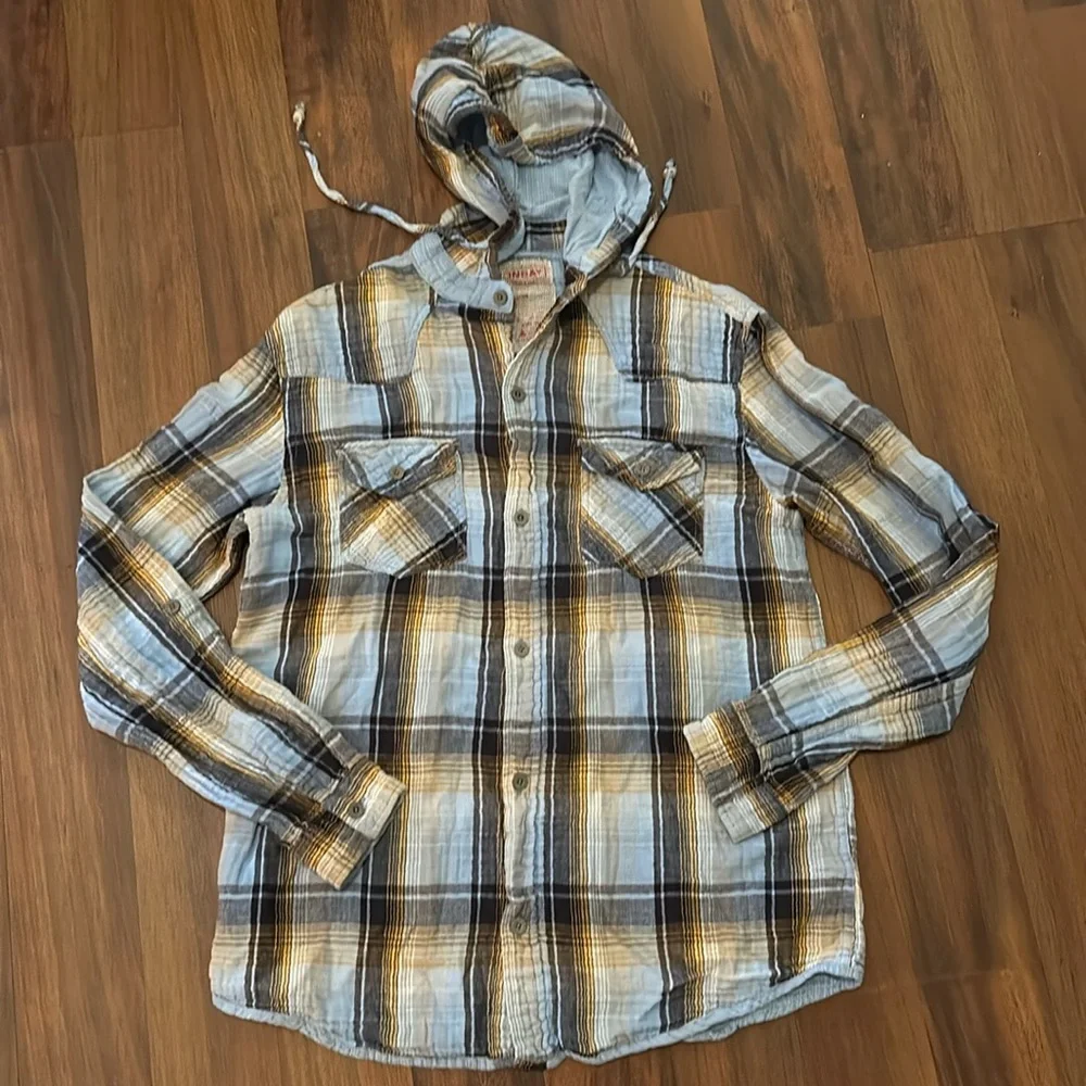 Unionbay Men Plaid Quilted 100% Cotton Long Sleeve Button Down Hooded Shirt sz L